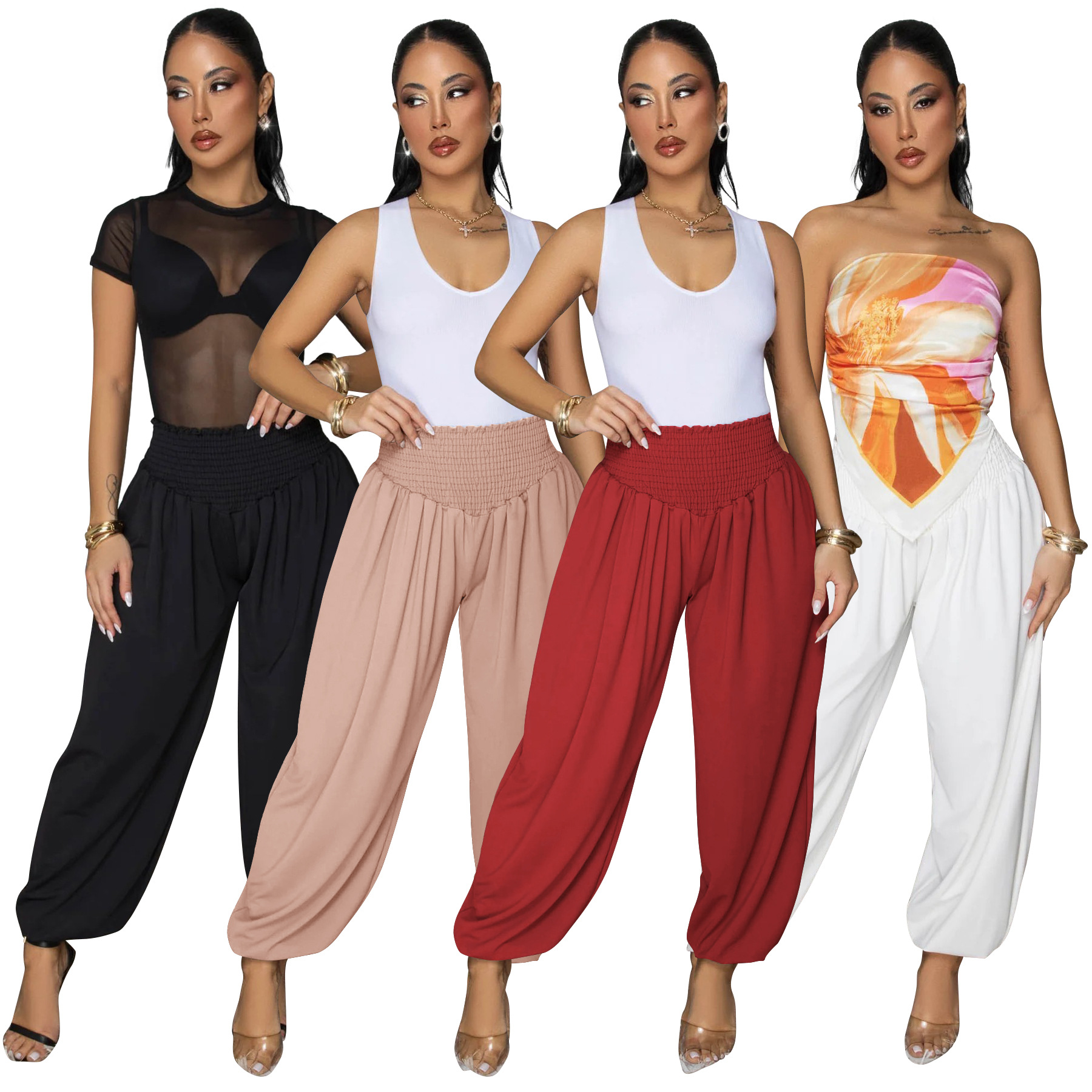 11020 Cross-Border New Amazon European and American Women's Fashion Solid Color Loose Lantern Pants Casual Sports Elastic Waist Long Pants