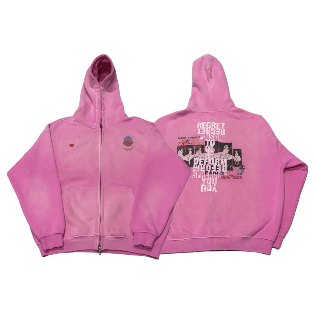 Heavenknows New Vintage Pink Fading Velvet Zipper Printed Hoodie