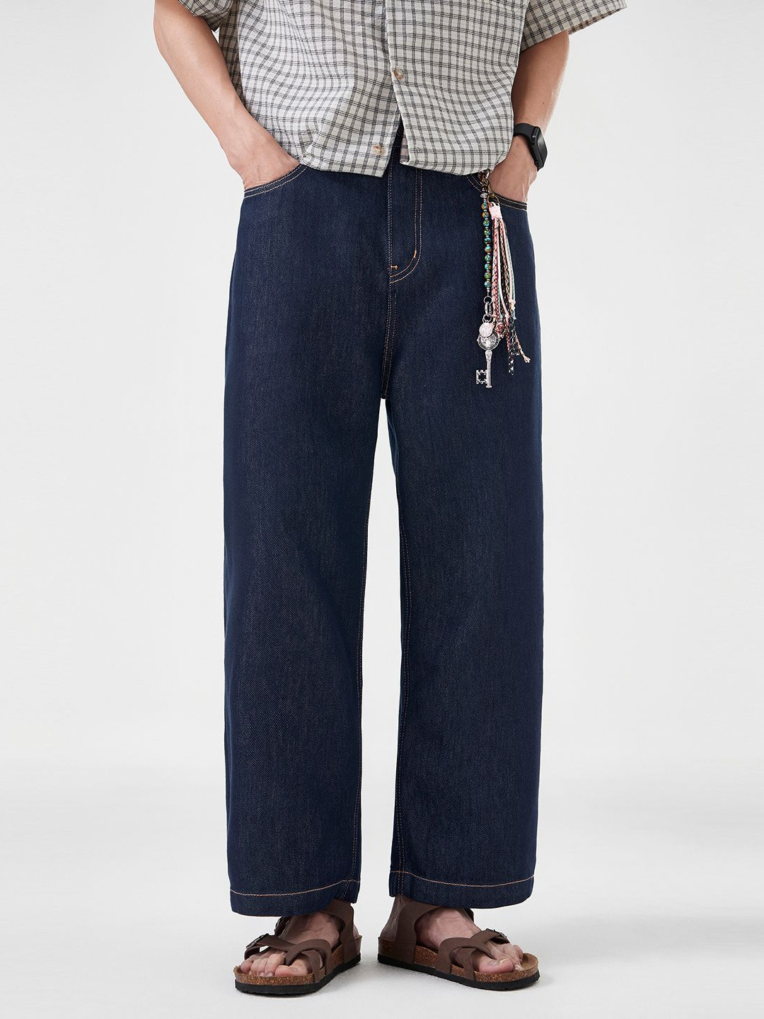 2026 Spring/Summer New Denim Original Color Jeans for Men, American Retro Trendy Brand, Loose Wide-Leg Straight Nine-Point Pants