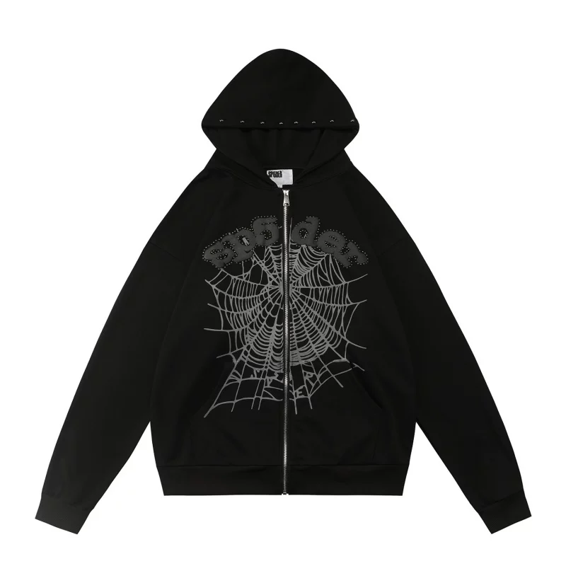 Sp5der American Street 555555 Spider Web Foam Letter Printed Loose Casual Men's and Women's Cardigan Hoodie