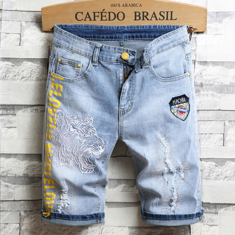 National Fashion Embroidered Denim Shorts Men's Ripped Pants Slim-fit Straight Trendy 5-point Light Color Casual Breeches