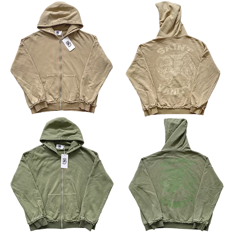 Saint Vanity ins Same Style Washed and Distressed Rivet Hooded Sweatshirt Foto QC de TAOBAO na Qualit.ly