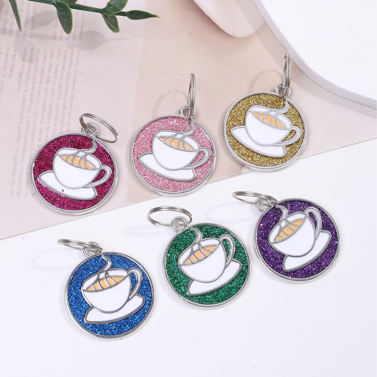 Pinduoduo Cross-Border Coffee Cup Pattern Glitter Pink Dog Tag Cat Tag Zinc Alloy Pet Collar Pendant Laser Engraving