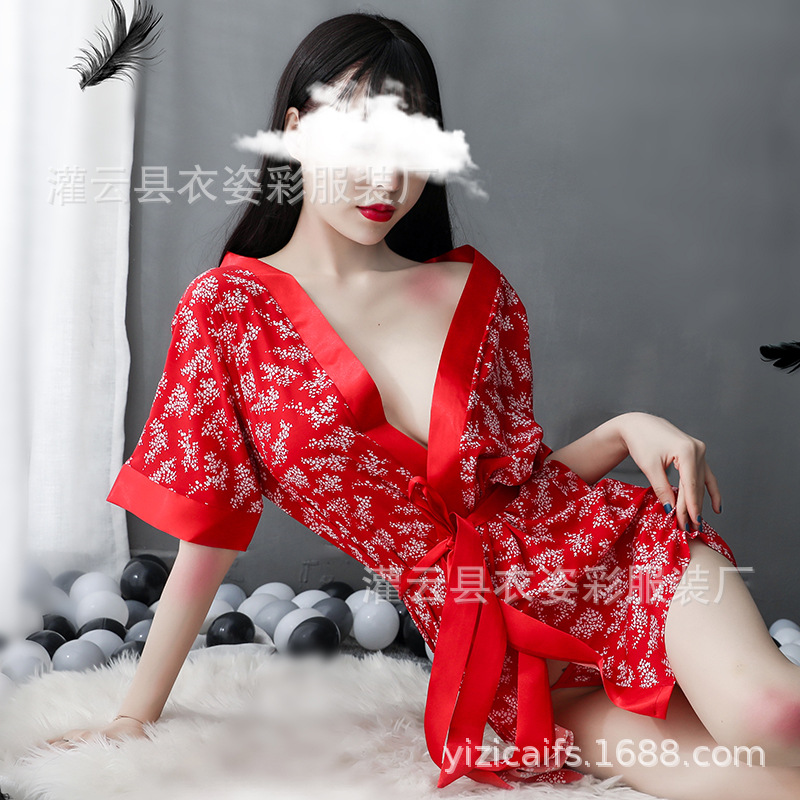 Colorful red flower chiffon bathrobe sexy underwear set passion seductive couples teasing perspective kimono