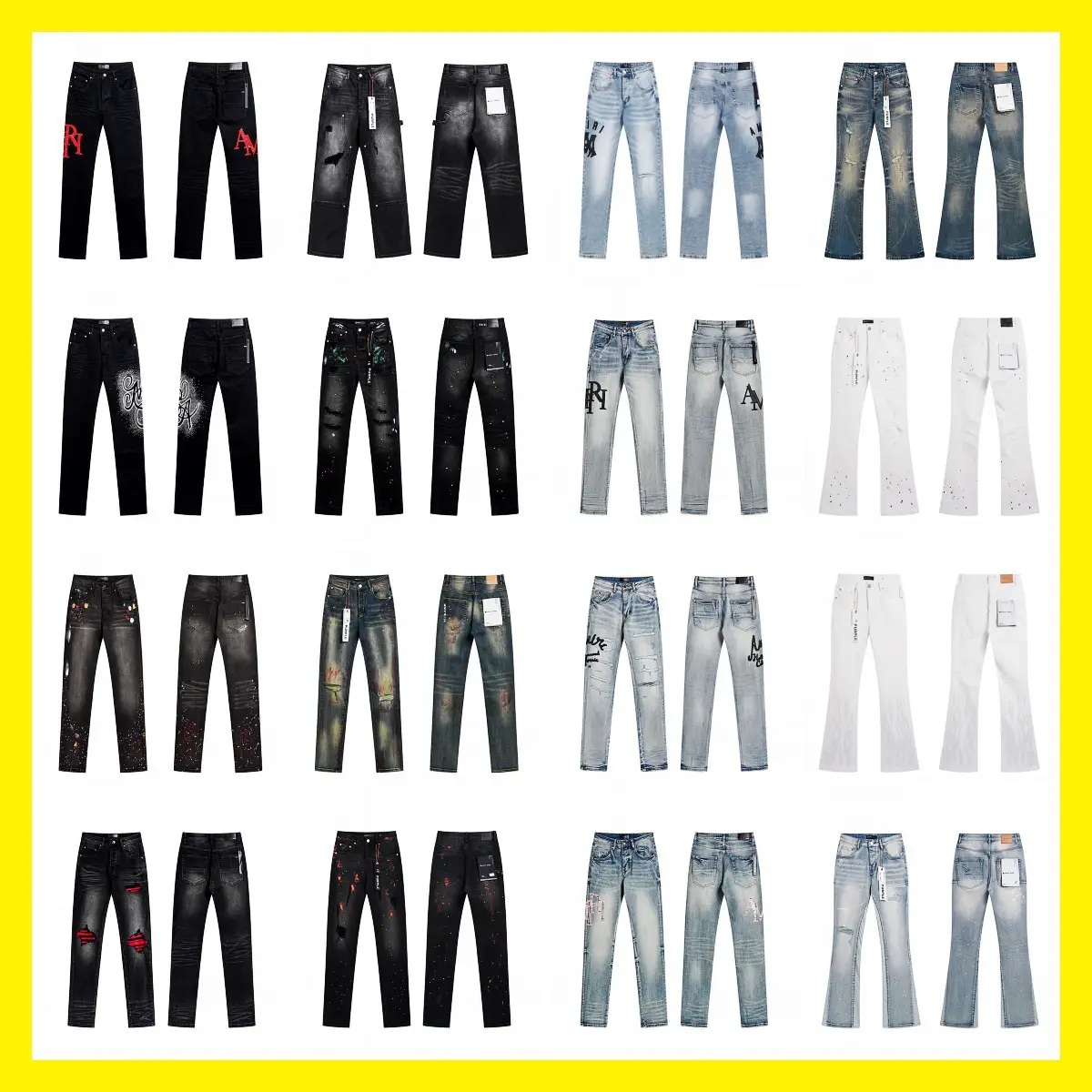 Purple Splash Print Trendy High Street Retro Ripped Casual Trendy Denim Flared Pants Slim Fit Brand