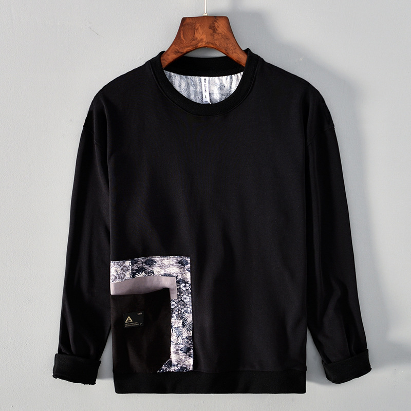 L892 trendy personalized stitching round neck long sleeve printed T-shirt men's loose casual color matching pullover pocket sweater men