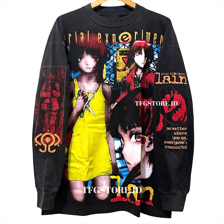 Who Care Retro Encyclopedia Japanese Anime Lain Anime Versatile Black Long-Sleeved T-Shirt