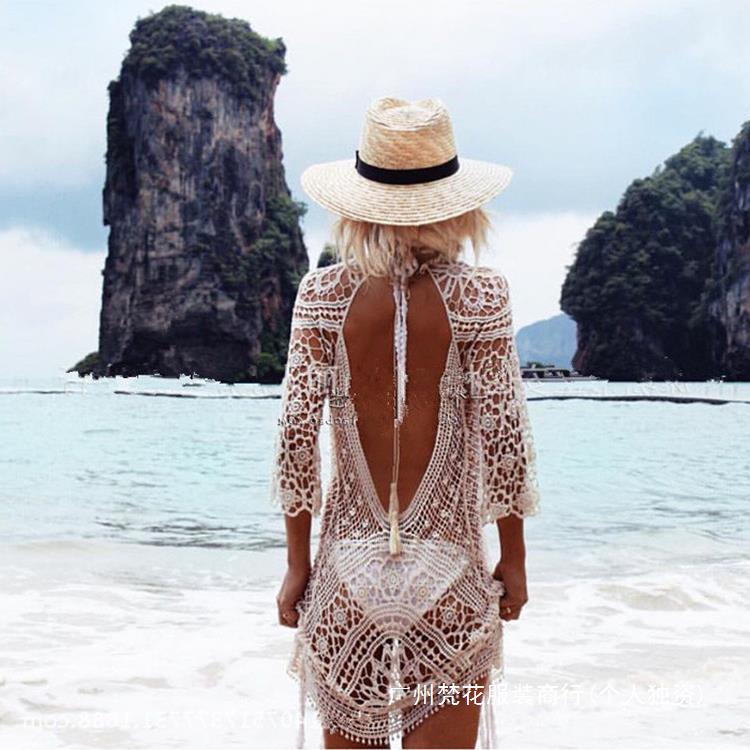 European and American Beach Blouse Holiday Sun Protection Clothing Sexy Hollow Lace Crochet Backless dress Bikini Blouse