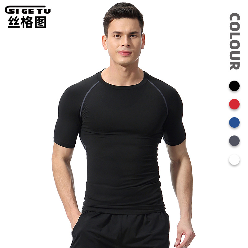Sigetu Cross-Border Fitness Clothing Men's Summer Sweat-Absorbent Breathable Tights Basketball Training Sports Quick-Drying T-Shirt