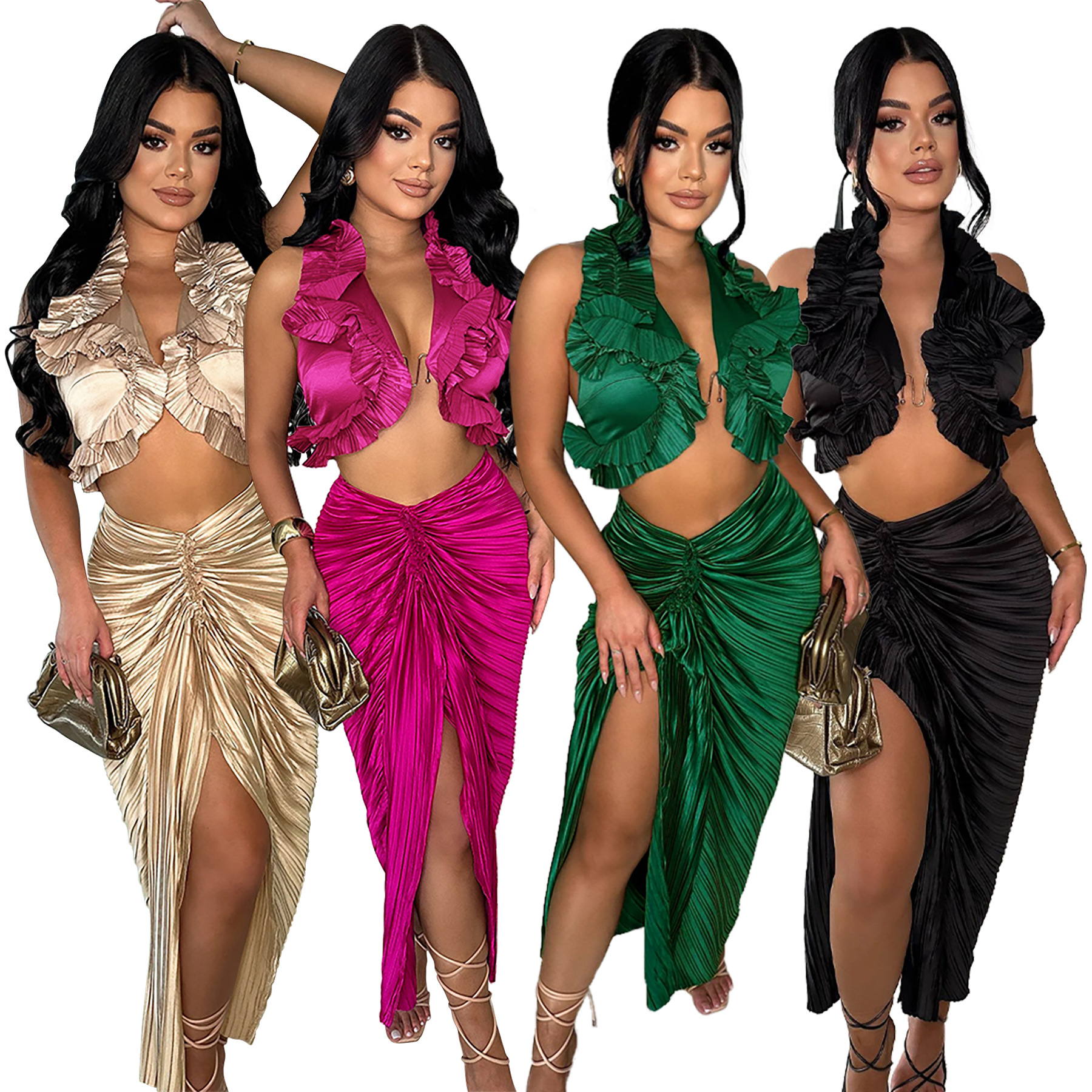 K10734 factory wholesale Amazon European and American fashion women's sleeveless split ruffled skirt suit