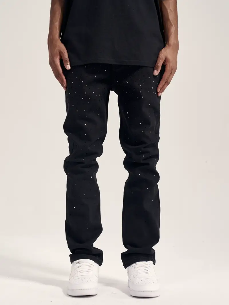Cwhat High Street Black Diamond Rivets Trendy Men Street Trendy silm Stretch Skinny Jeans Easiest for Match Pure Black Denim