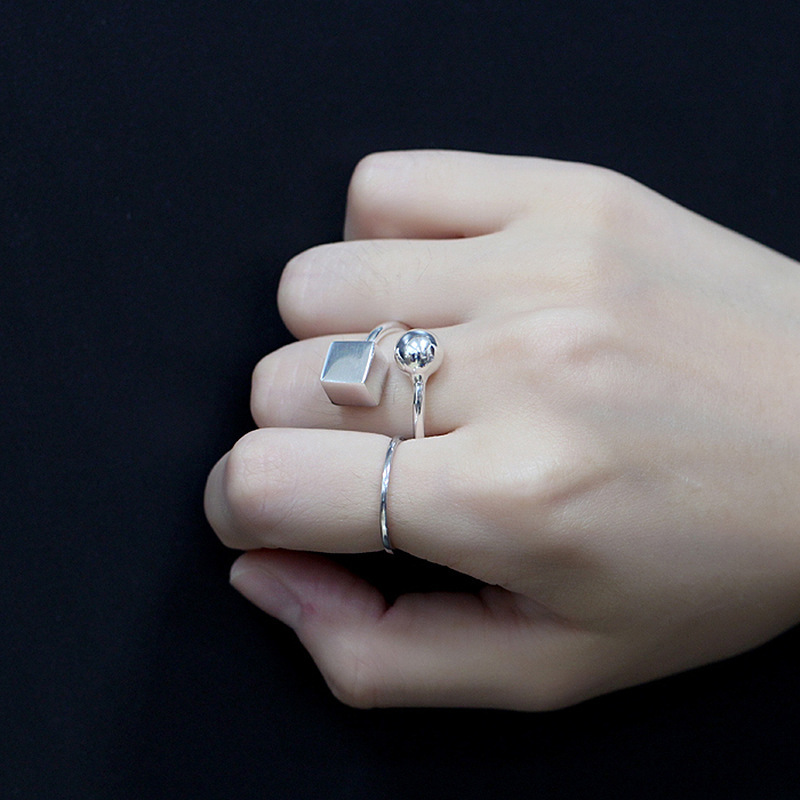 Korean Popular New Style Round Ball Open Ring for Women, Retro Personality Square Index Finger Ring, European and American Simple Internet Celebrity Hand Jewelry