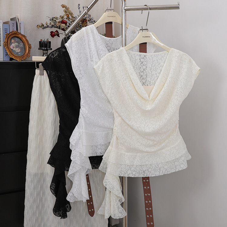 2026 Summer New Korean Style Irregular Swing Collar Short-Sleeve Ribbon V-Neck Sleeveless Lace Floral White Tank Top Shirt