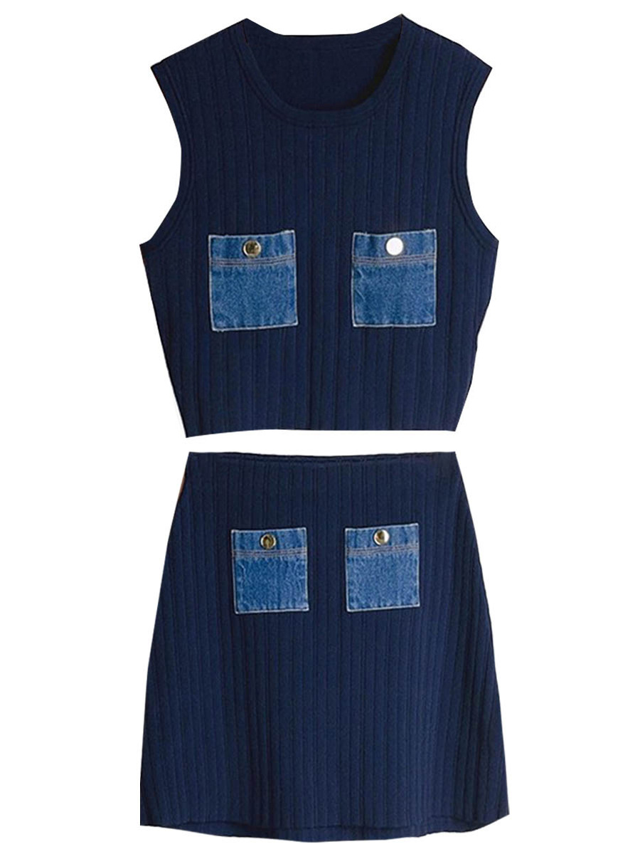 French-Style S Brand 2025 Early Autumn New Denim Pocket Knit Vest + A-Line Skirt Sleeveless Vest Dress Ins