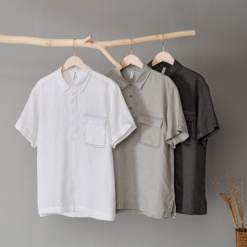 L938 Pullover Short Sleeve Solid Color Linen Shirt Men's Retro Casual Large Size Youth Loose Half Sleeve Cotton Linen Shirt