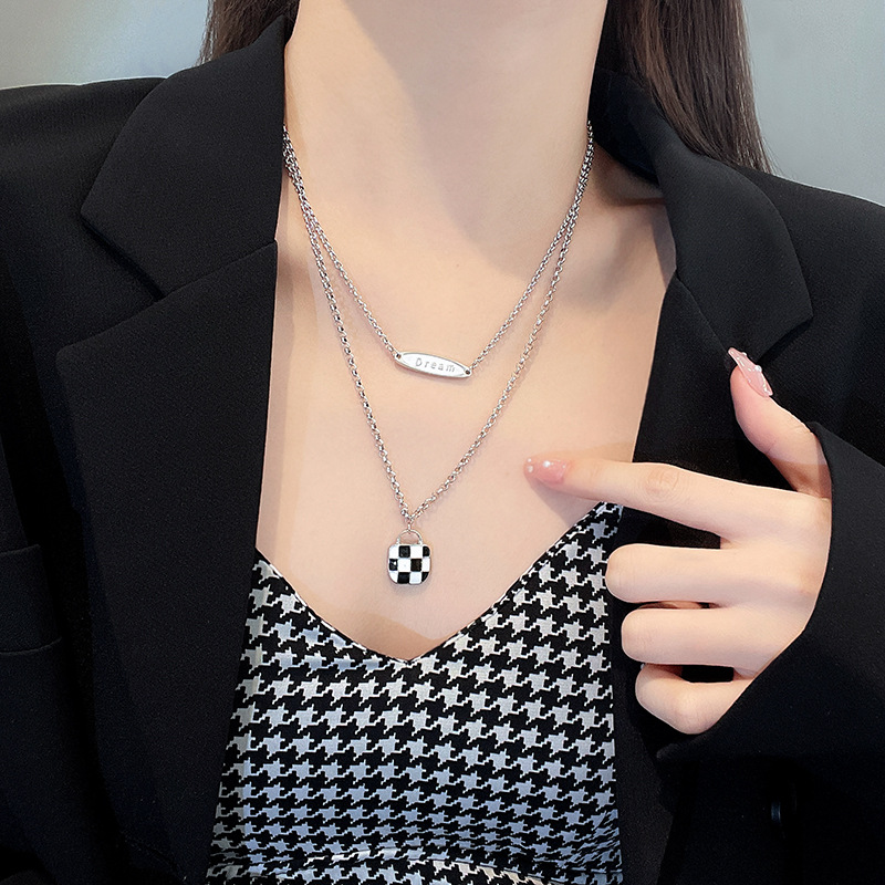 South Korea chessboard grid double-layer titanium steel chain female niche high-grade clavicle chain unique personality temperament necklace accessories