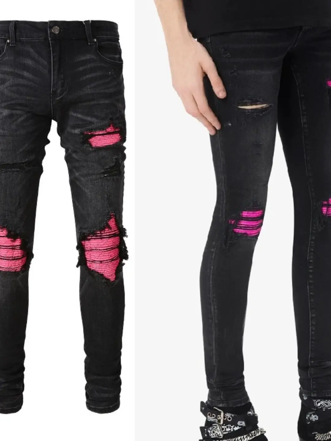 New European and American Trendy Brand Ripped Printed Patchwork Leather Patch Elastic Slim Fit Washed Black Jeans for Men