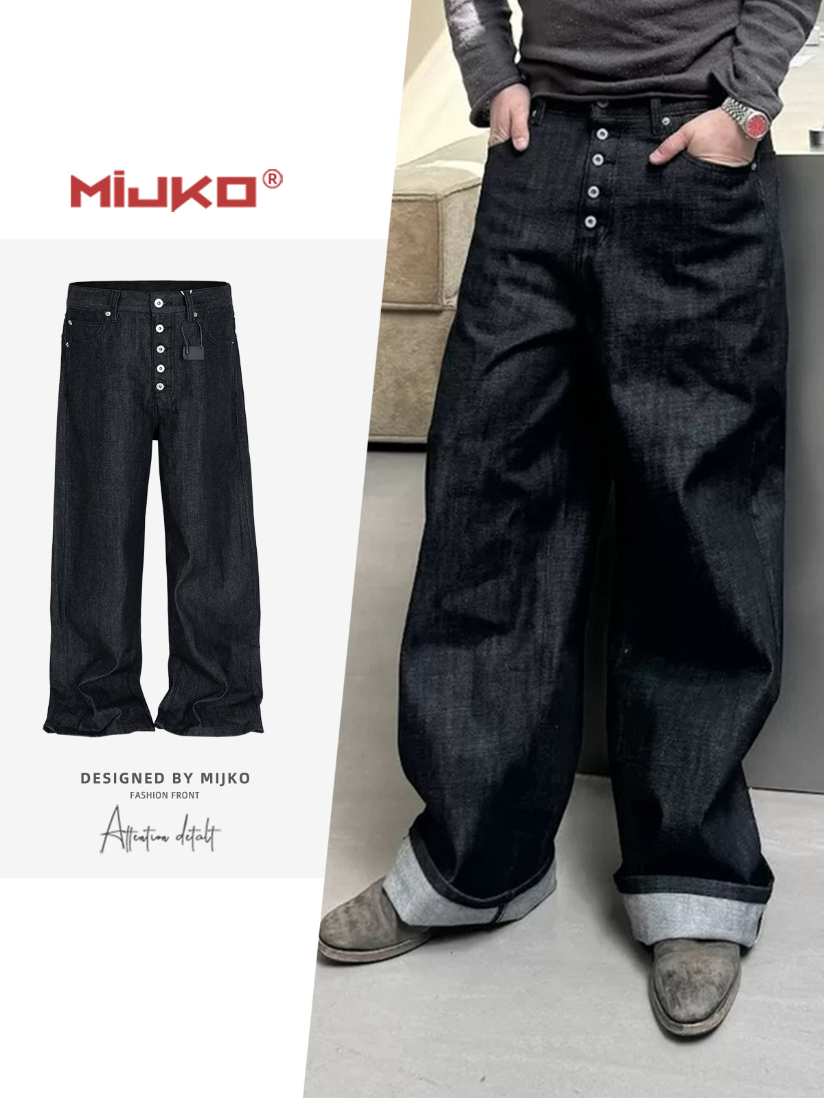 Mijko Men's and Women's Curved Blade Stereo Baggy Raw Denim Jeans for Men and Women, Straight Pants