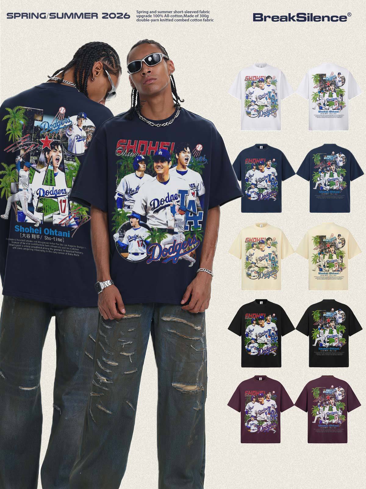 2026 Spring/Summer New Model Dodge La Baseball American Retro 300g Full Cotton Snowflake Wash Heavyweight Short Sleeve Men's T-Shirt