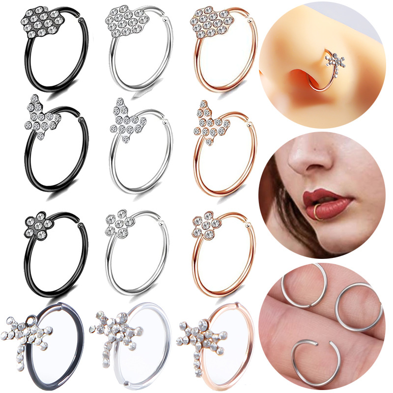 Cross-Border New Stainless Steel Plum Blossom Butterfly Nose Ring, Heart-Shaped Simple Nose Stud, European and American Piercing Jewelry