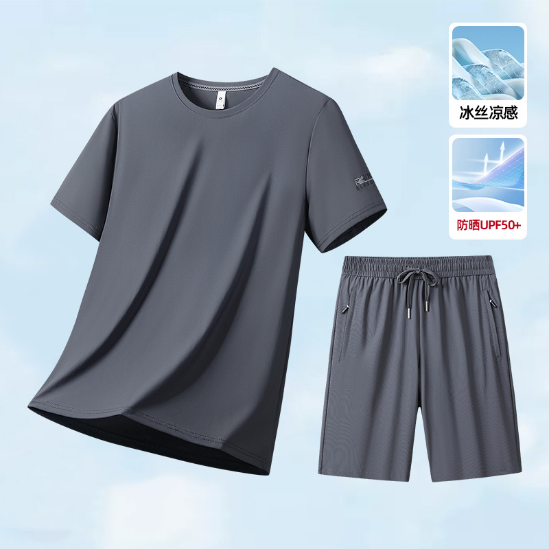 Ice Silk Suit Men's Summer New Quick-Drying Short-Sleeved T-Shirt Shorts Two-Piece Set for Couples Outdoor Sports and Leisure Large Size
