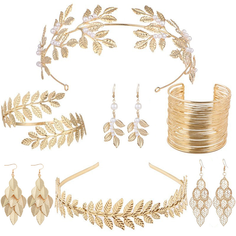 Kashitong European and American Bridal Leaf-Shaped Headband Baroque Golden Leaf Headpiece Bracelet Earrings Arm Ring