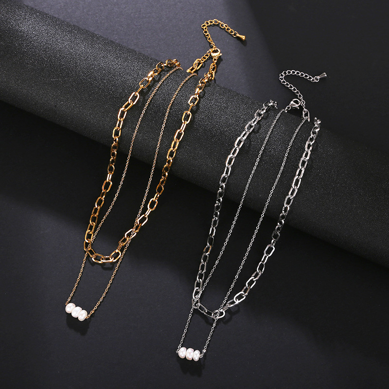 Fashion Waterproof Jewelry Women's Paperclip Freshwater Pearl Short sweater chain Metal Clavicle Vintage Stainless Steel Necklace