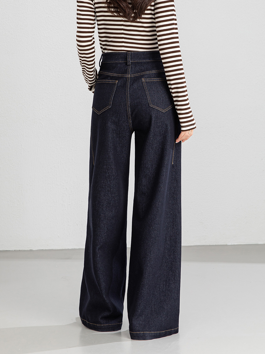 Xingeg Deep Blue Drapey Straight-Leg Jeans for Women, New Spring Style, Petite Loose Wide-Leg Slimming Work Pants