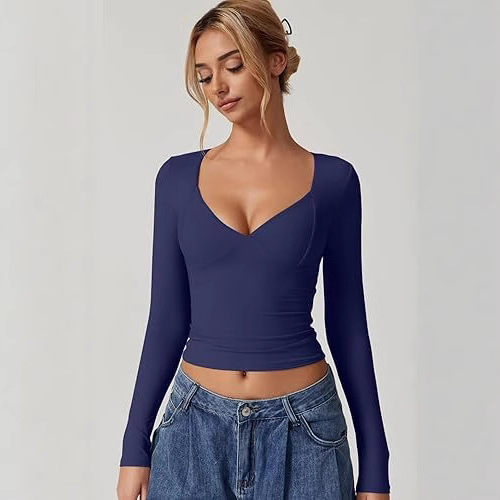 Amazon Aliexpress Boutique Ready Stock Women's Long Sleeve V-Neck T-Shirt Double Lining Crop Top with Seam Cup Top