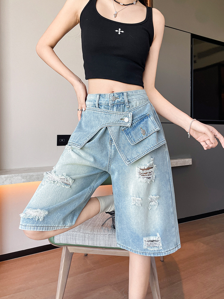 Designed with a Sense of Style, Ripped Denim Shorts for Women, Plus Size, Summer Thin Style, Slimming, Faux Two-Piece, Mid-Length, Straight Wide-Leg Pants