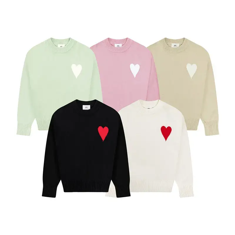New Trendy Brand Ami Cuninkon Macaron Heart Jacquard Embroidered Round Neck Sweater for Men and Women Couple Tops