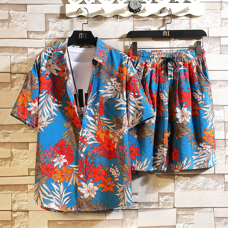 2022 New Hawaiian Beach Flower Shirt Short-sleeved Set Men's Loose Japanese Shirt Shorts Two-piece Set for Men