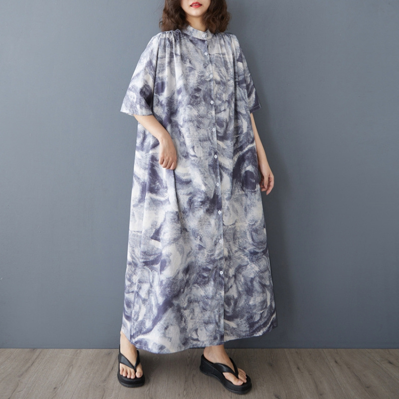 Spring and Summer Plus-Size Women's New Style Middle-Aged Mom's Loose-Fitting Mid-Length Shirt Dress