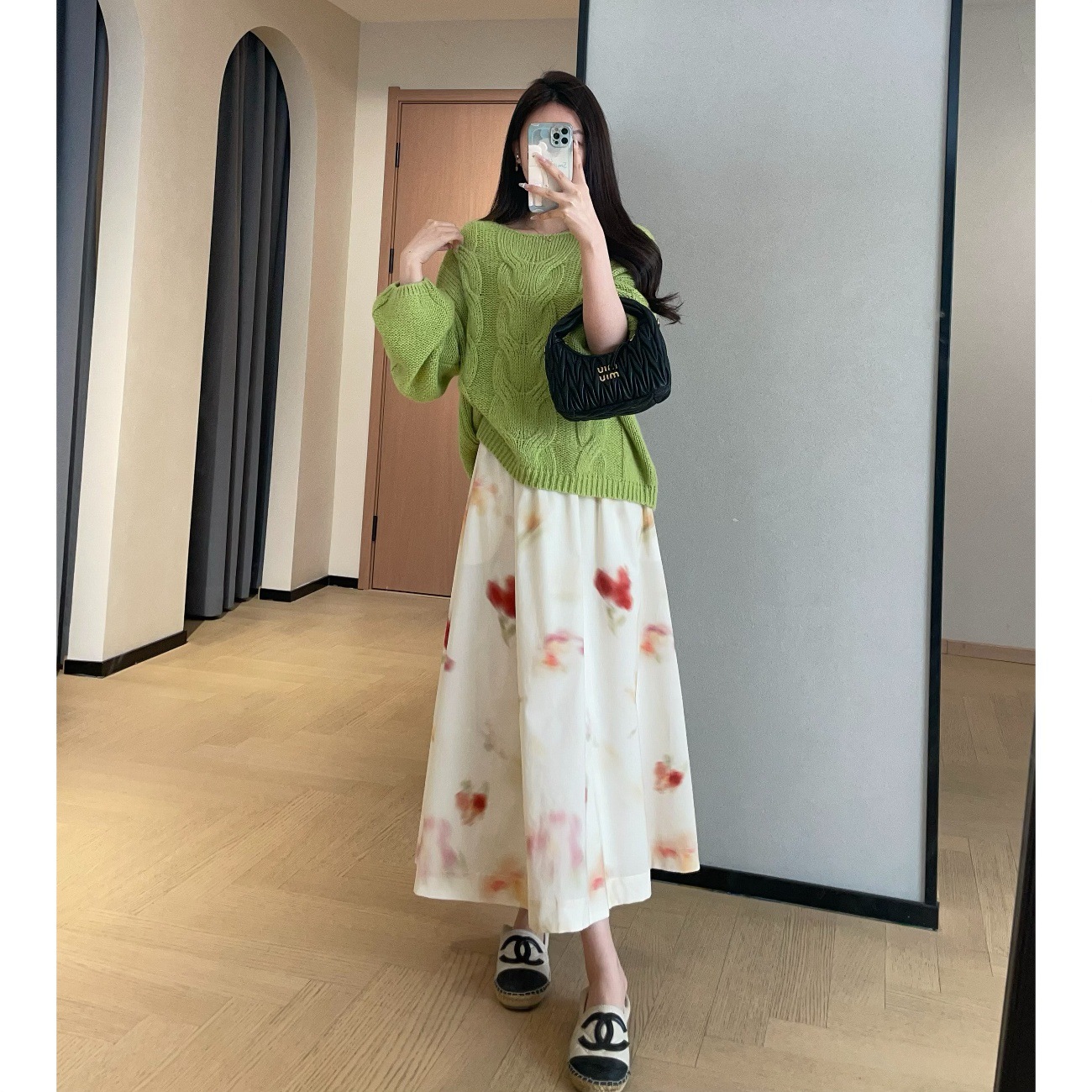Atmospheric! 2026 Spring/Summer New Floral White Print Umbrella Skirt, Skin-Friendly and Breathable Mid-Length A-Line Skirt for Women
