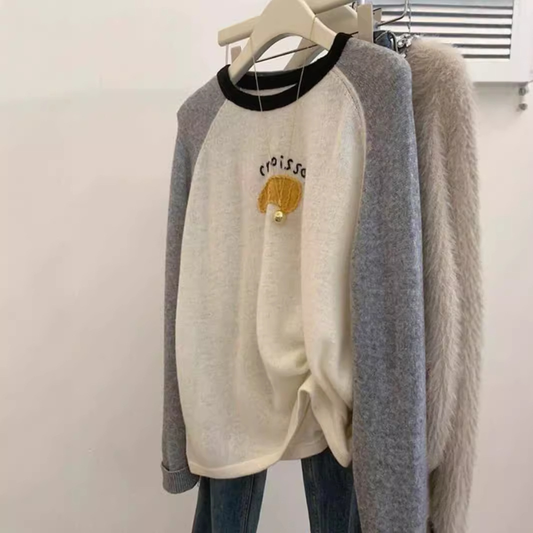 Spring and Autumn Korean Wool Women's Pullover Loose Design Sense Contrast Color Sweater with Soft Waxy Knitted Base for Age Reduction