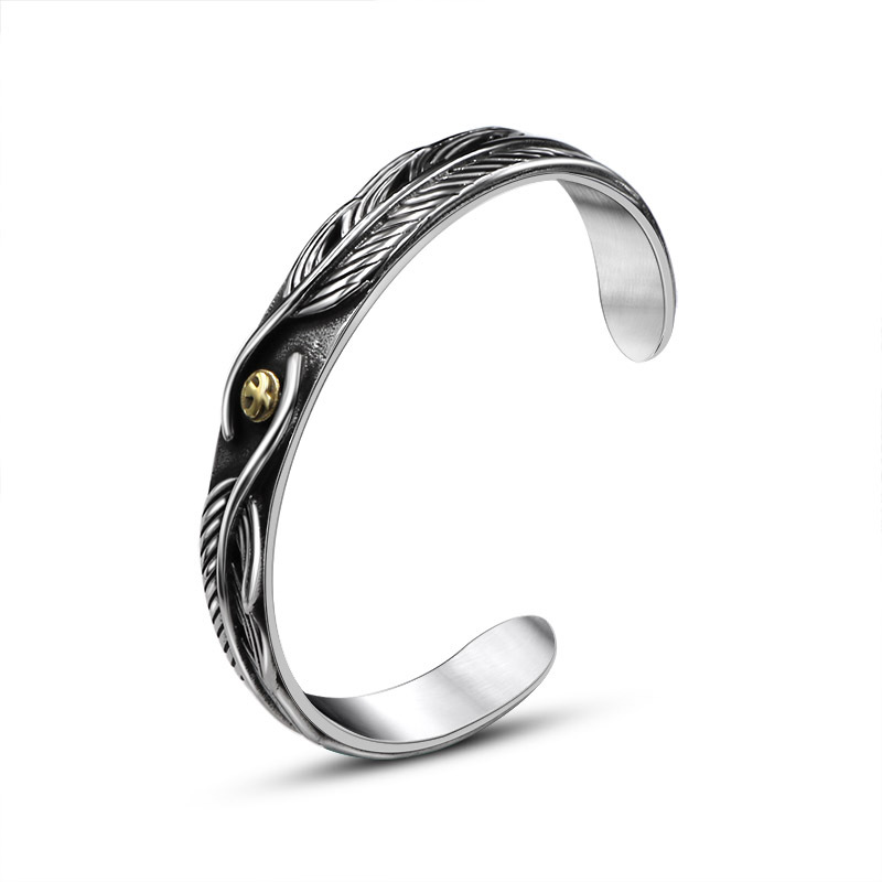 Takahashi vintage open flying gold top titanium steel bracelet men Harajuku style fashion brand feather bracelet SZ037