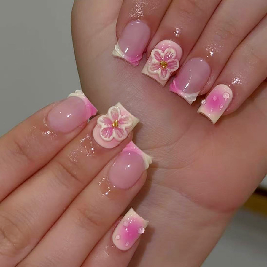 Short Bright Square Armor Europe and the United States Cross-border Foreign Trade Gradient Blush French Relief Flower Steel Ball Wear Manicure 24 Pieces