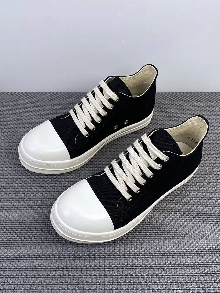 Classic Black Canvas Shoes Ro Low Ankle Shoes Men's Waxed Thick-Soled Height-Increasing Sneakers Women's Versatile Couple Loafers Trendy