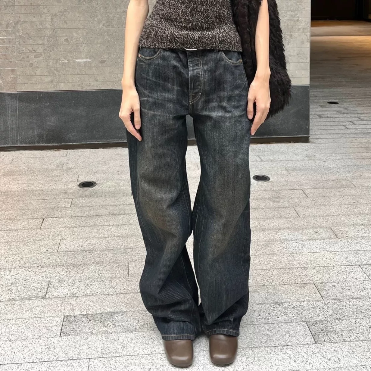 Our Legacy style bamboo striped washed distressed jeans for men and women with cat whiskers, loose straight leg pants, trendy