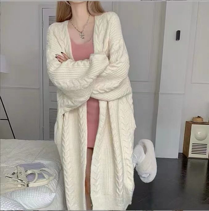 Kaning Lazy Style Long Twist-Knit Cardigan for Women 2026 Autumn New Korean Design Sweater Jacket