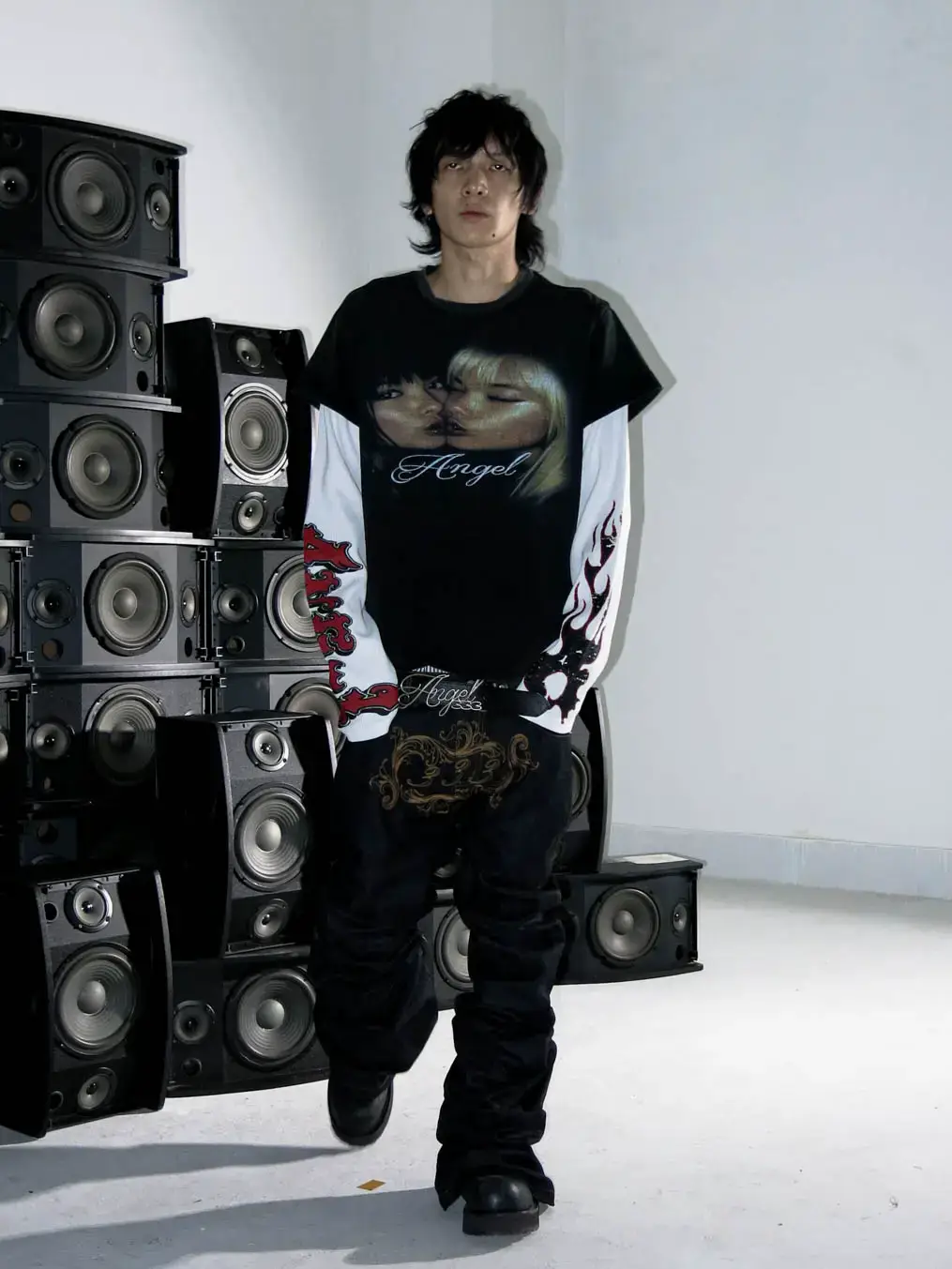 [PCCVISION] 3MAN0N Angel Fake Two piece Waffle Splicing Printed Washed Vintage Round Neck T-shirt