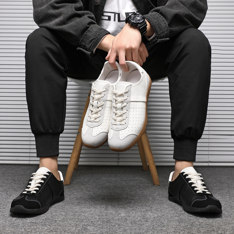 First-Layer Cowhide Leather Light Luxury Ballet-Style Niche Color-Blocked Sneakers with Soft Soles, Retro Forrest Gump Shoes, Casual Men's Shoes, Retro German Training Shoes