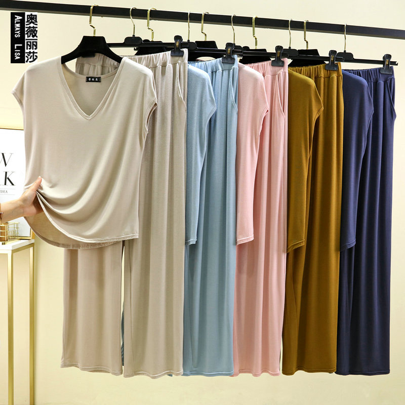 Modal V-Neck Sleeveless Long Pants Loungewear Set for Women, Spring and Summer Loose Pajamas That Can Be Worn Outside, Casual Two-Piece Set