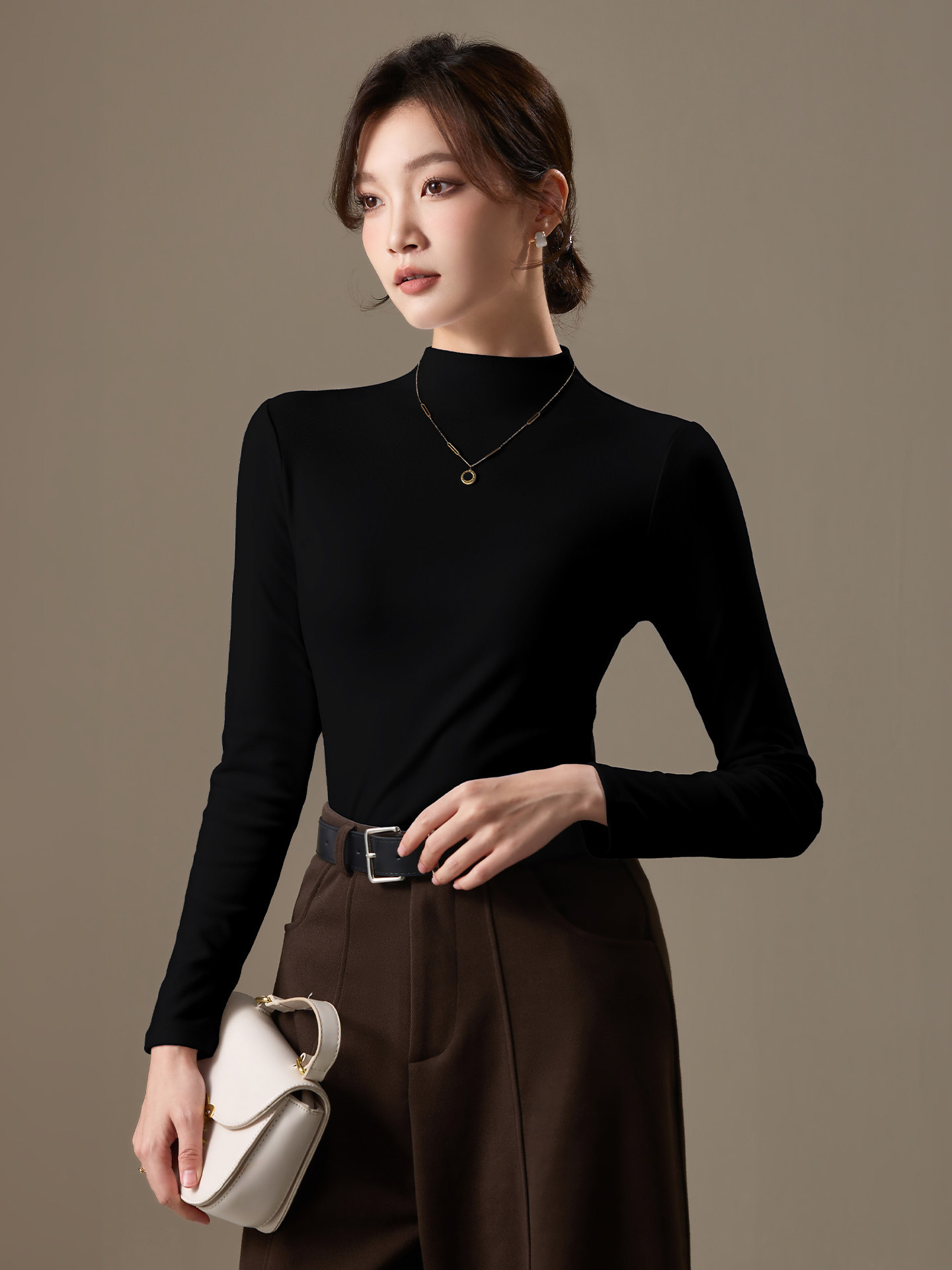 Black Half-Turtleneck Base Shirt for Women, New Autumn and Winter Style, Long-Sleeve Thermal Inner Wear, Slim-Fit, Regular Shoulder Top