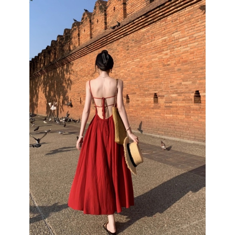 Vacation Red Backless Suspender Dress for Women, Suitable for Beach Travel and Photo Shoots, High-End Long Dress for Summer