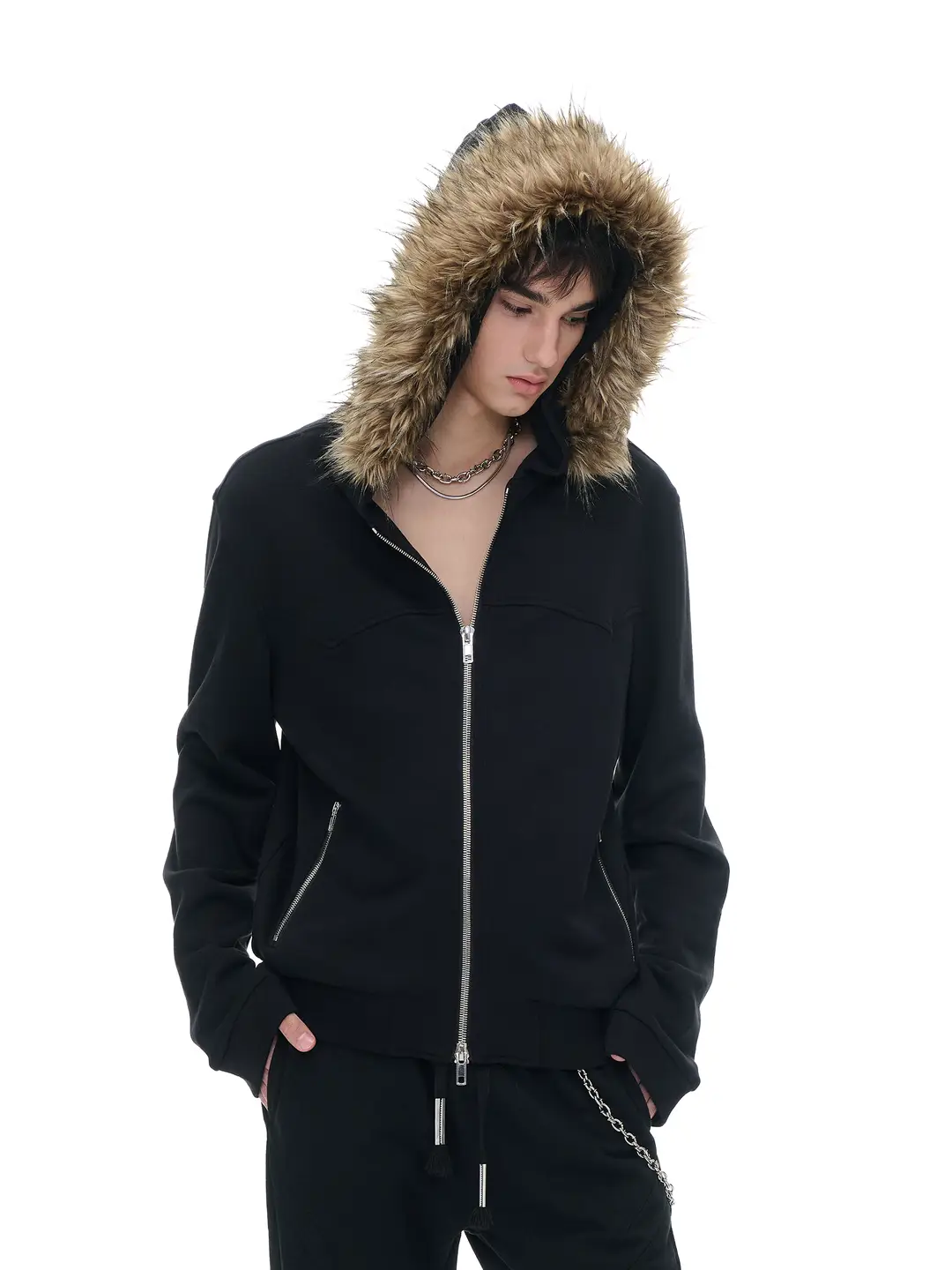 Terraincognita24Aw Detachable Long Fur Collar Hooded Zipper Cardigan Sweatshirt Casual Loose and Versatile