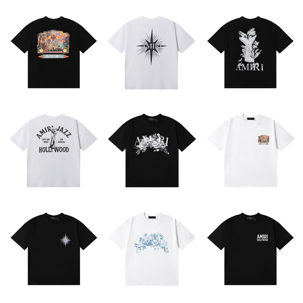 25S Cross-Border European and American Trendy Brand Amri Micro-Label Letter Pattern Printed Short-Sleeved T-Shirts for Men and Women American High Street Half-Sleeved Shirts