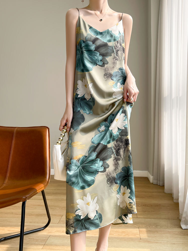 Cross-Border 2026 Summer New French-Style Printed Ink Painting Seaside Resort Style Long Ankle-Length Strap Dress
