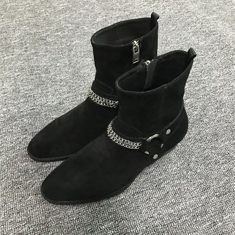 European and American Autumn and Winter New Trendy Suede Leather Martin Boots, Fashionable and Versatile Black Mid-Calf Runway Denim Men's Boots