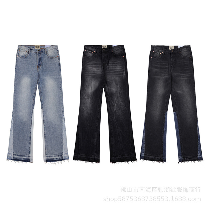 High-Quality European and American New Style Gallery Washed Flared Black and Blue Patchwork Jeans for Men and Women, Long Pants and Shorts